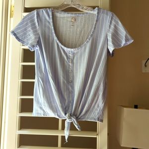 So size xxs blue and white striped tie front t-shirt. Polyester & spandex blend.
